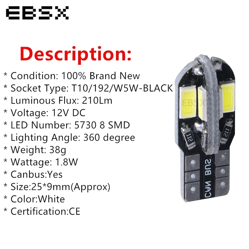 100 шт. Автомобильные светодиодные лампы W5W T10 Canbus 8 SMD 5630 5730 8SMD 12 В|Сигнальная лампа| |