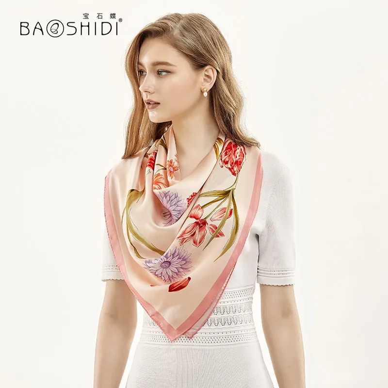 Женский квадратный шарф BAOSHIDI элегантный из 100% сатина 90х90 роскошный фирменный