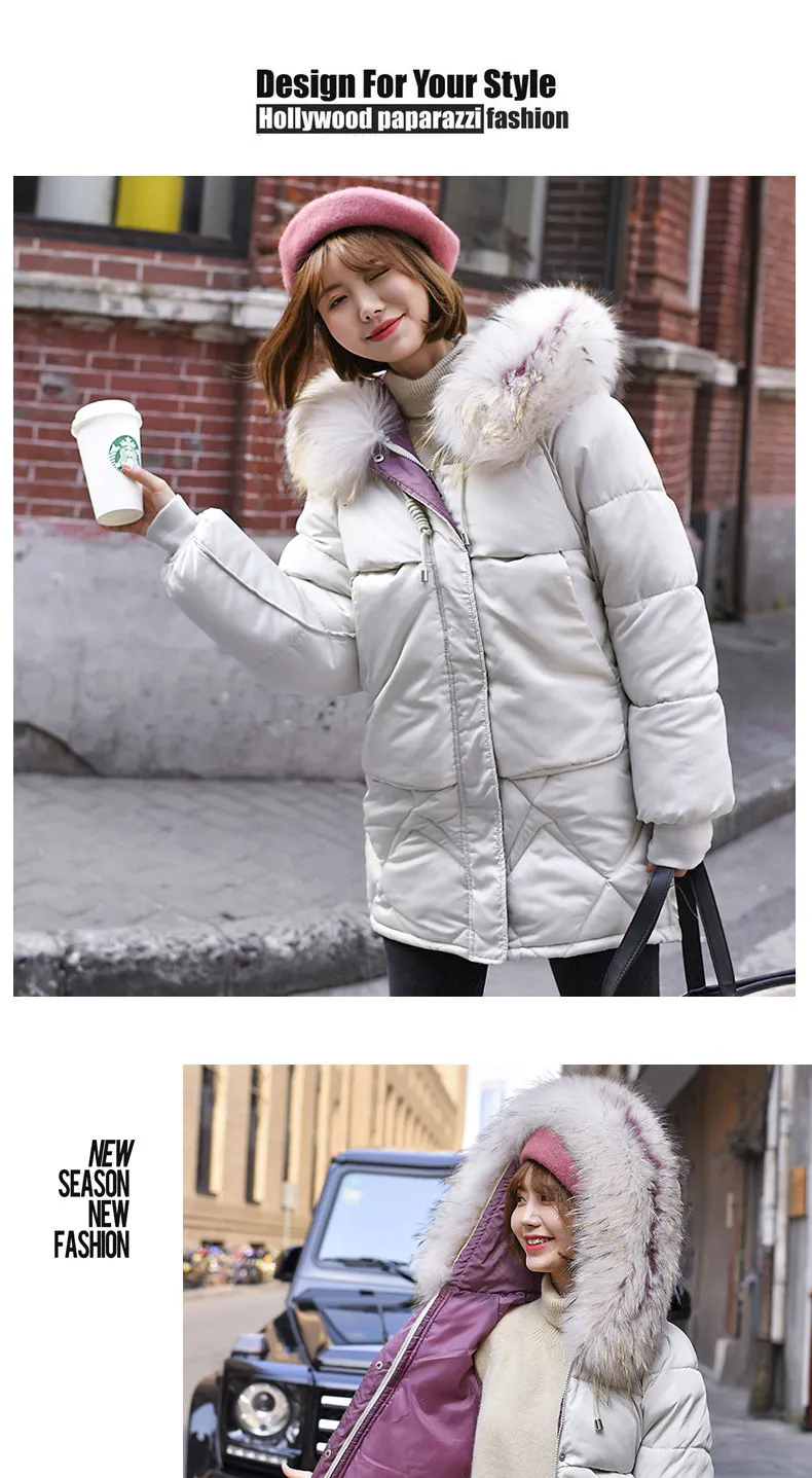 Теплая зимняя женская куртка, модное пуховое хлопковое пальто с капюшоном и меховым воротником, женское корейское однотонное Свободное пальто большого размера