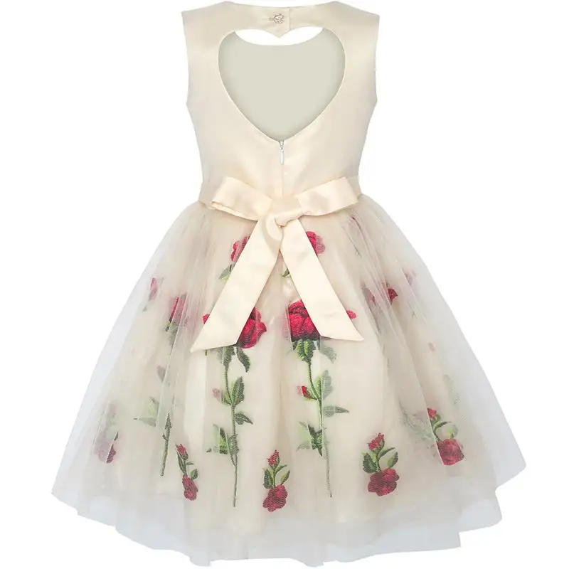 Sunny Fashion платья для девочек платье Дети шампанское Роза Цветок Вышивка Сердце