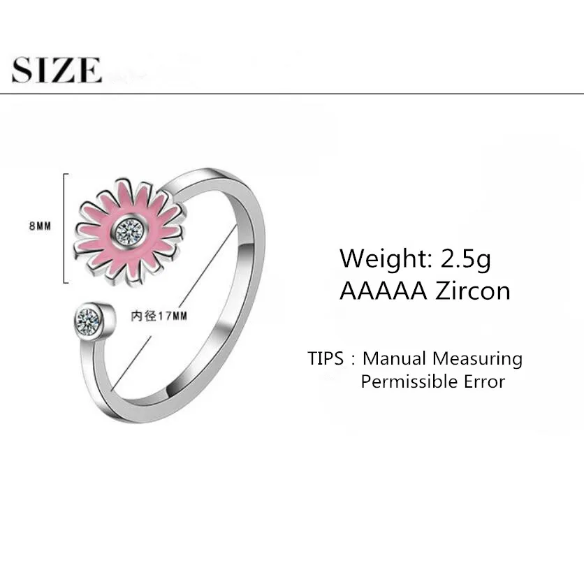 

New Pink Yellow Daisy Sun Flower Zircon Rings For Women 925 Sterling Silver Jewelry Personality Party Gift Rings Anillos SAR75