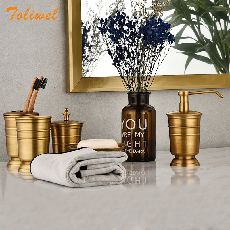 antique brass soap dish liquid soap dispenser toothbrush holder gargle cup storage tank 5pcs bathroom accessory set free global shipping