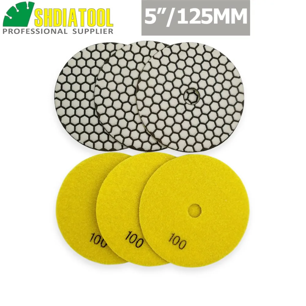 DIATOOL 6pcs 5"#100 B Diamond dry polishing pads 125mm Sanding Disc For Granite Marble Stone