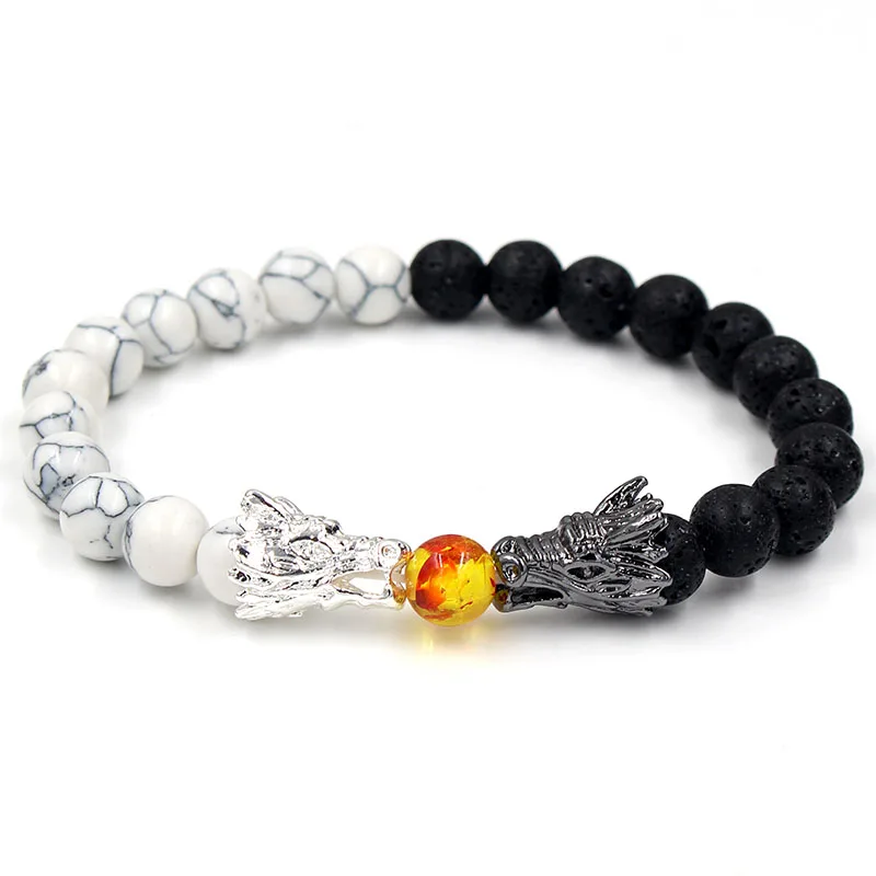 Натуральный черный браслет из лавы и белого камня Howlite Pulseira Masculina мужские ювелирные изделия Будда дракон браслет из бисера для женщин