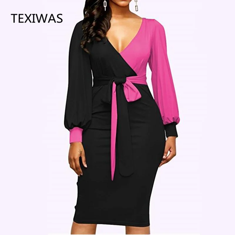 Женское облегающее платье TEXIWAS разноцветное с треугольным вырезом и Боковым