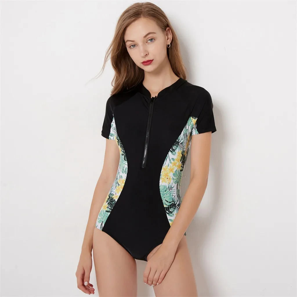 Женский цельный купальник SAGACE лоскутный с короткими рукавами и принтом листьев