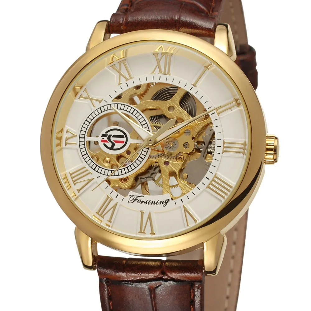 Forsining Men's 3d Logo Watch  Mechanical Hand Wind Skeleton Leather Strap Reloj De Lujo Dress Casual Wristwatch  Digital ring