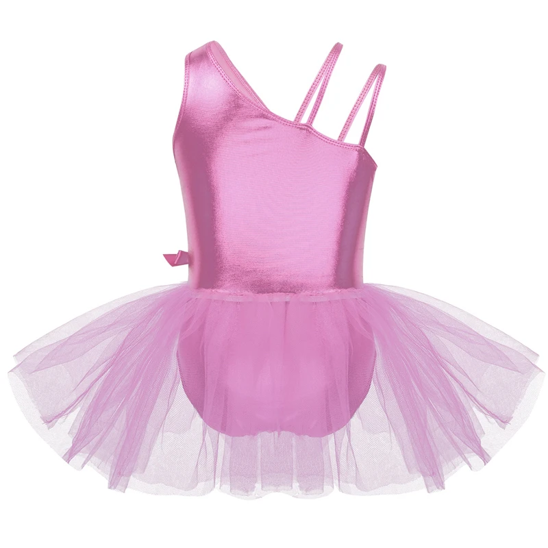 Kids Girls Glossy One Shoulder with Mesh Splice Bowknot Leotard Dress for Ballet Dance Gymnastics training Tutu | Детская одежда и
