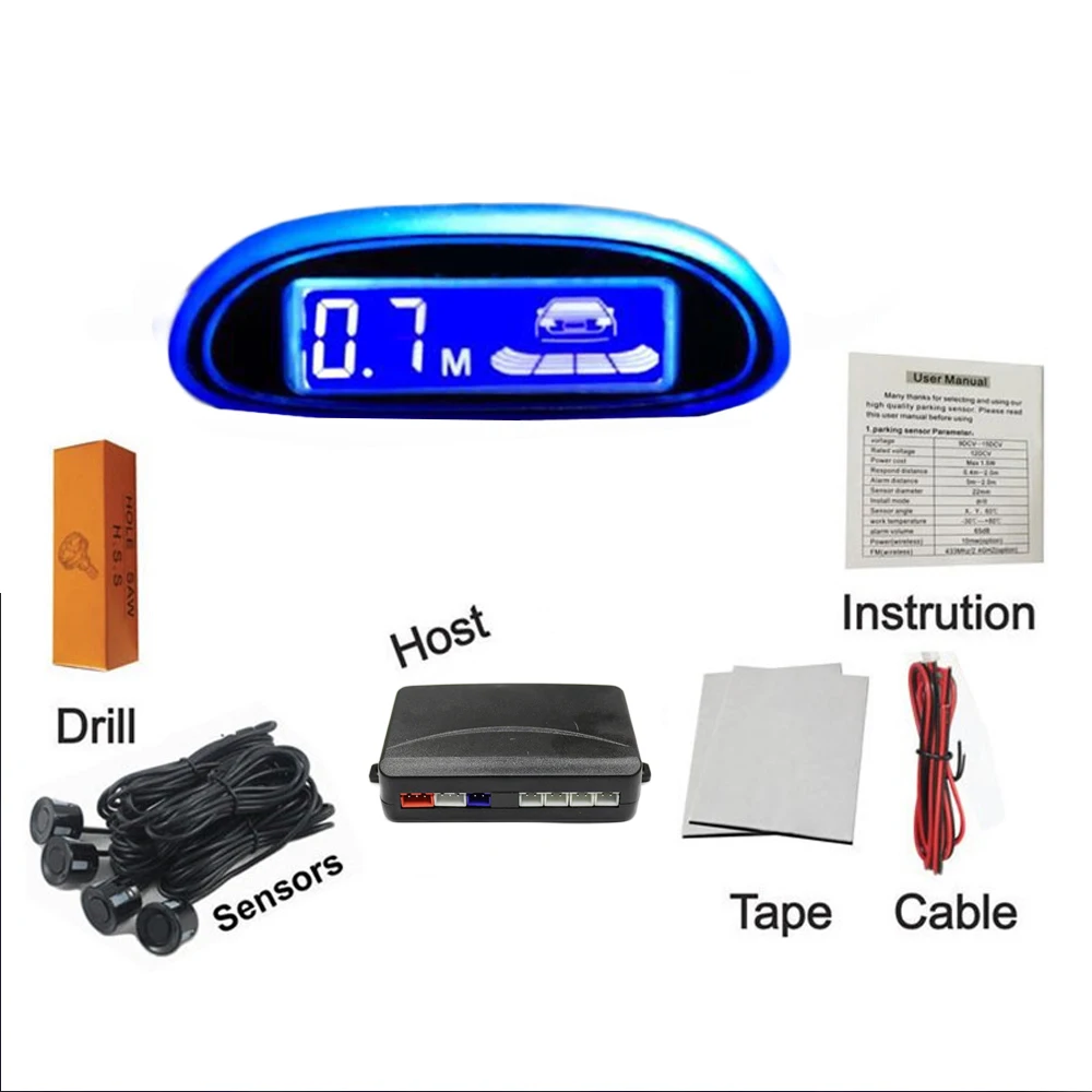 New Parking Sensor Blue Screen Car Assistance 4 Sensors And Led Display Reverse Backup Radar Monitor Detector System | Автомобили и