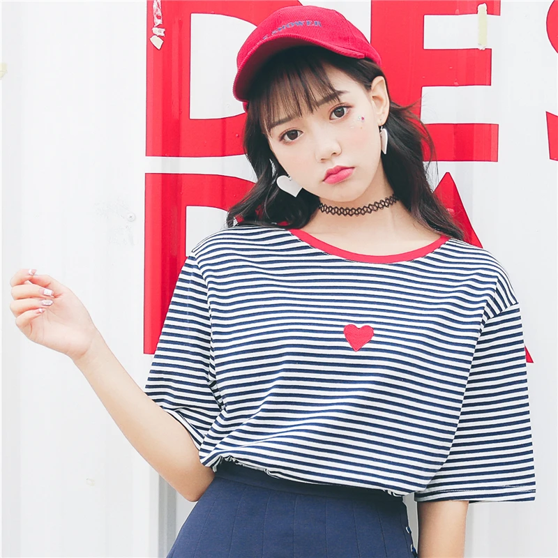 Harajuku милые топы с вышивкой в виде сердца футболка для женщин лето 2018 корейская