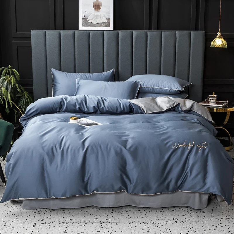 

2019 New Product Solid Color 4 Pcs Bedding Set egyptian cotton Bedclothes Navy Blue Bed Linens Duvet Cover Set Bed Sheet/fitted