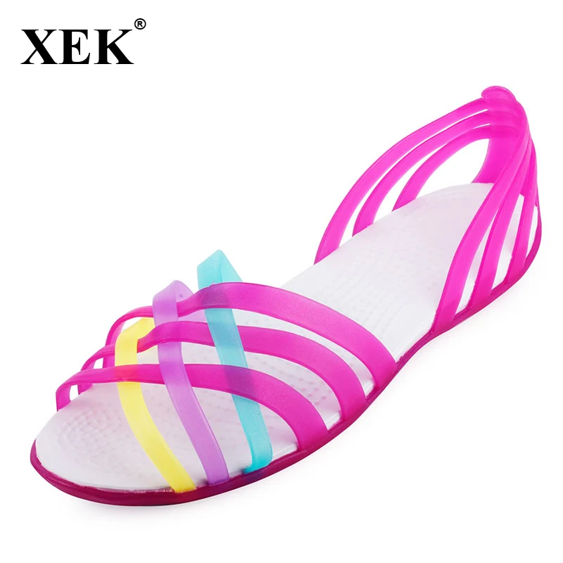 Women Sandals 2019 Summer New Candy Color Women Shoes Peep Toe Stappy Beach Valentine Rainbow Jelly Shoes Woman Flats XC34