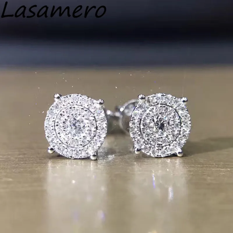 LASAMERO 0 1 CTW круглые серьги гвоздики из натурального алмаза 18K белого золота
