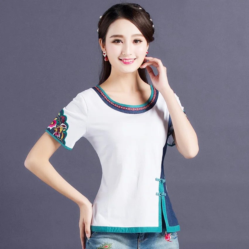 White Short sleeve Этническая белая футболка с вышивкой, Женская Лоскутная рубашка, плюс размер, женская элегантная Приталенная футболка из 95% хлопка с круглым вырезом, облегающие Топы - Цвет: White Short sleeve