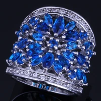 very good huge dark blue cubic zirconia white cz silver plated ring v0157