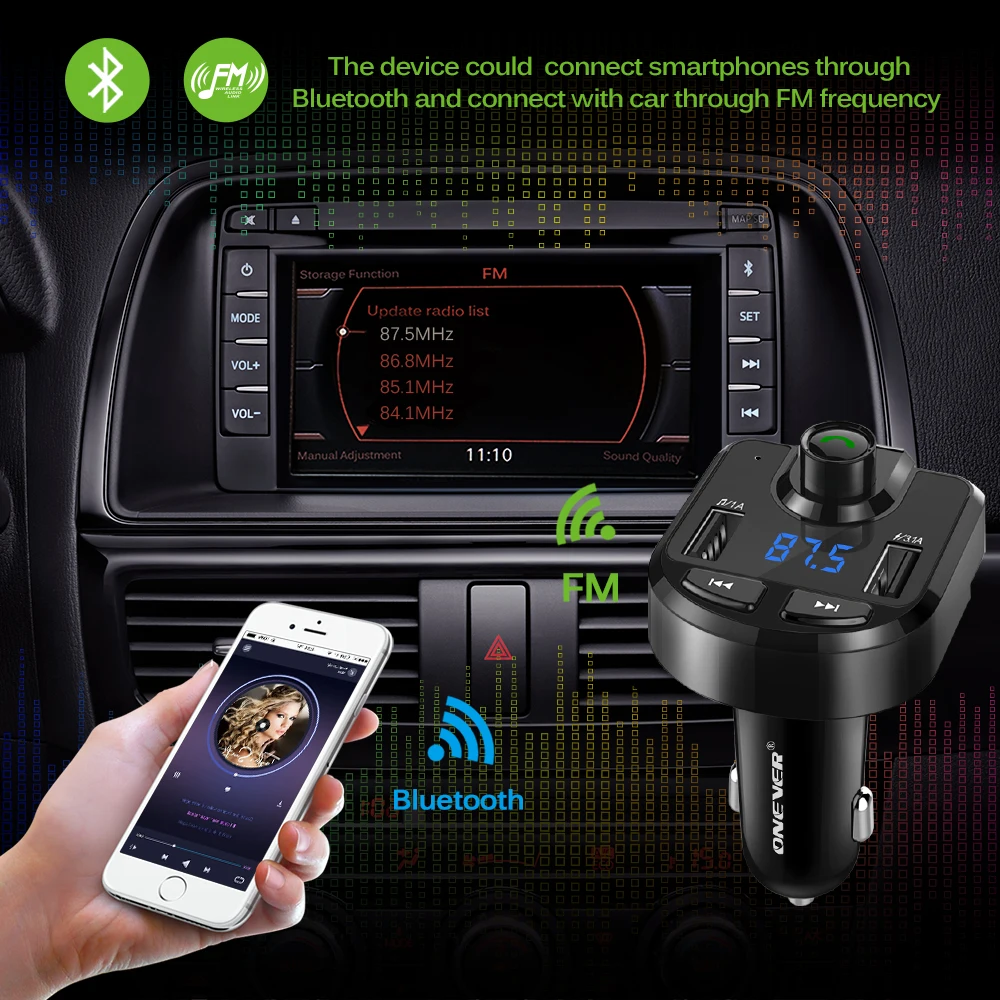 Автомобильный FM-трансмиттер Onever с двумя USB-портами и поддержкой Bluetooth 4 0 |