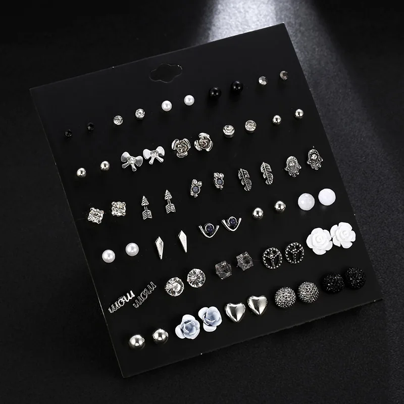 30 Pairs/set Vintage Silver Alloy Crystal Stud Earrings Set Mix For Women Girls Cute White Resin Flower Earring Gifts Jewelry | Украшения и
