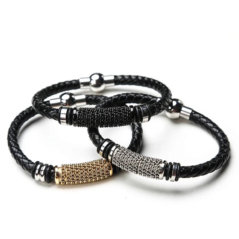 MOGE новое поступление черный плетеный кожаный браслет для мужчин нержавеющие