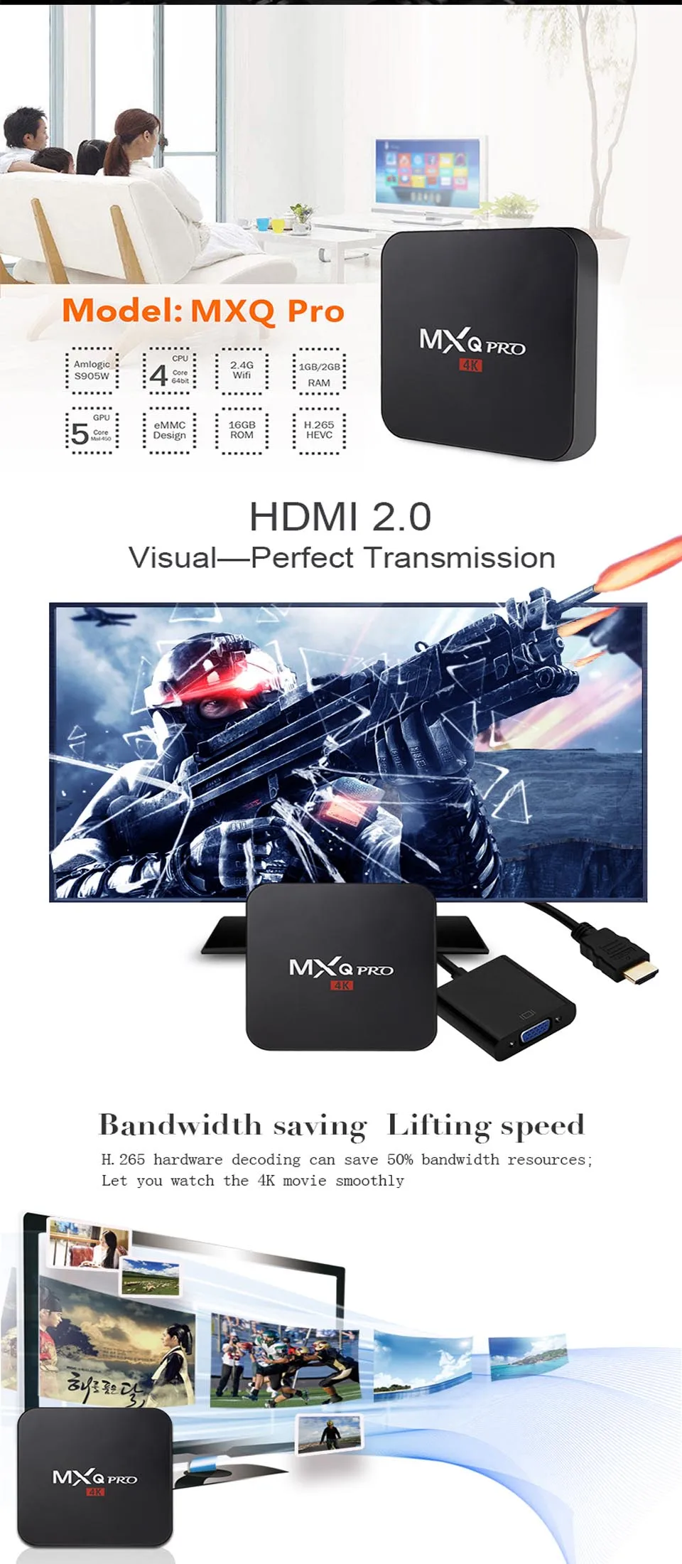 Умный блок для ТВ mxq PRO 4K Android 7,1 ТВ приставка Amlogic S905W четырехъядерный 2 Гб 16 Гб H.265 4K PRO 2,4 ГГц WiFi медиаплеер телеприставка