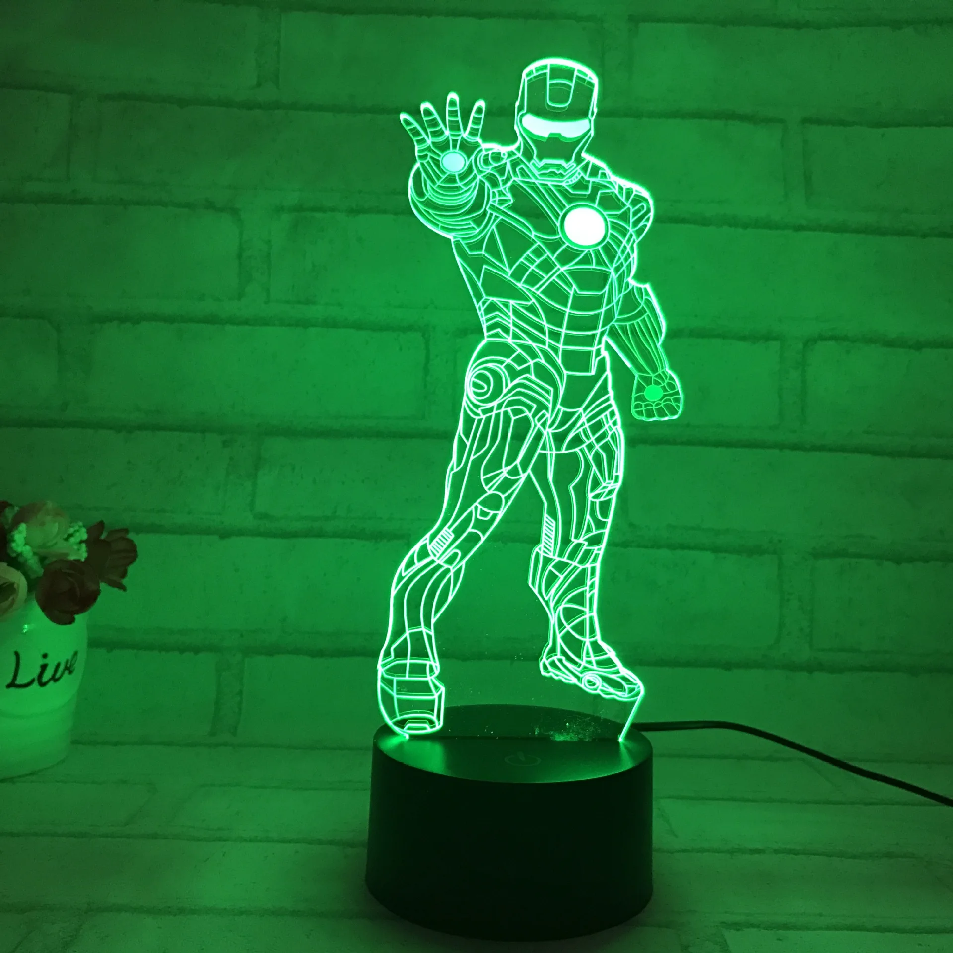 7 Color Stand Iron Man Holograma 3D Lights Luz De LED Lamp Acrylic Visual Light Round Touch Switch Illusion Lampka Night Lights