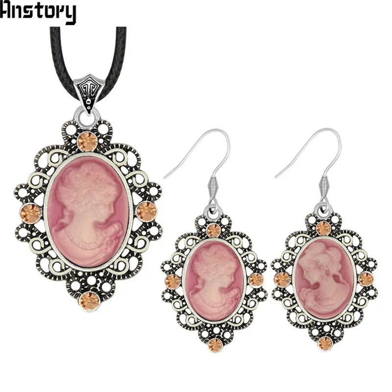 Pink Oval Lady Queen Cameo Crystal Jewelry Set Antique Silver Plated Necklace Earrings Bracelet Fashion Jewelry TS463 - Окраска металла: Pink