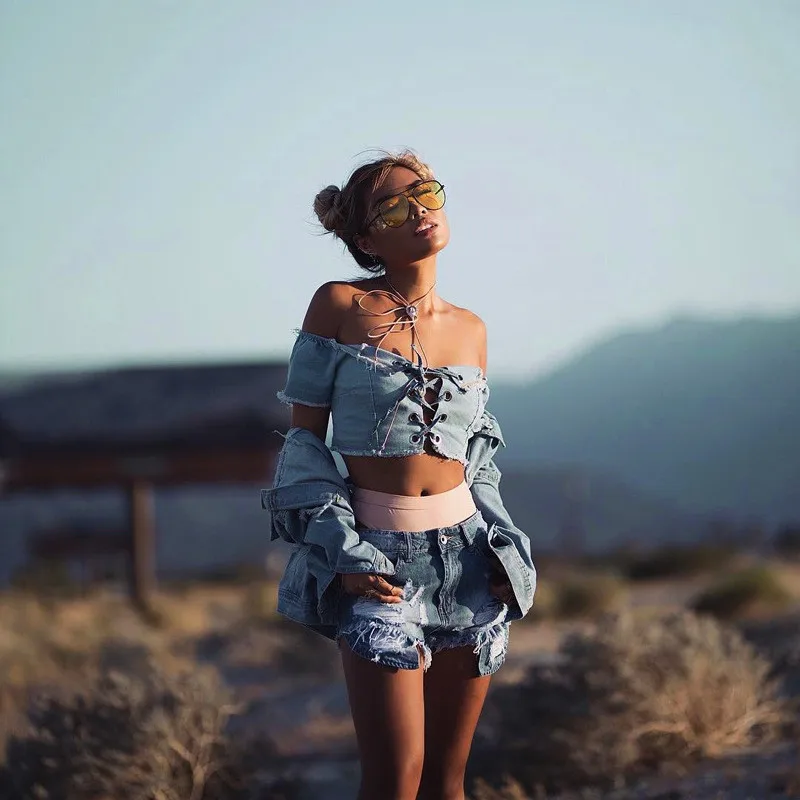 HiloRill Denim Crop Top Woman Strappy Croptop короткий рукав кружево до v-образным вырезом Футболка