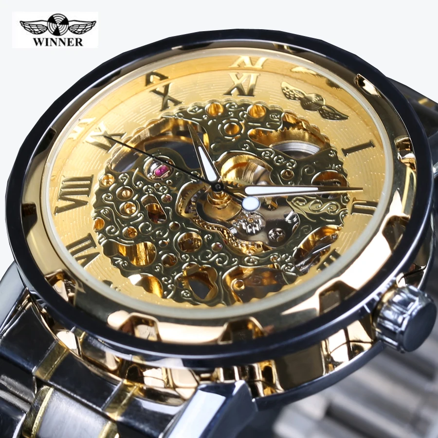 

Classic Brand WINNER Men Skeleton Mechanical Watch Transparent Steampunk Hand Wind Full Stainless Steel Montre Homme Wristwatch