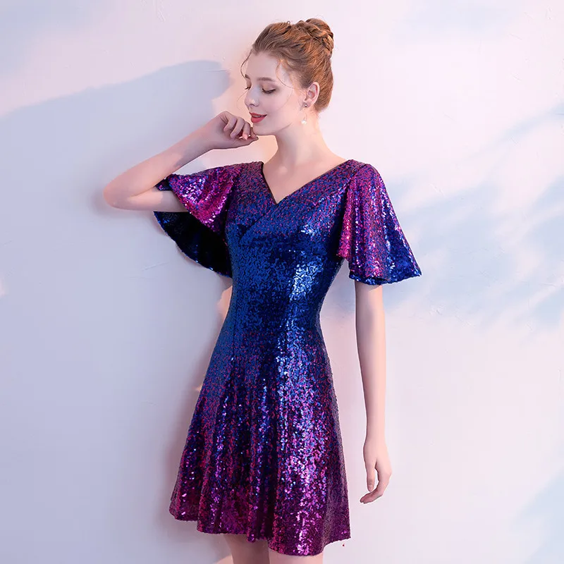 as picture Robe De Cocktail Sequins коктейльные платья с v-образным вырезом и коротким рукавом платья для выпускного вечера женские вечерние платья - Цвет: as picture