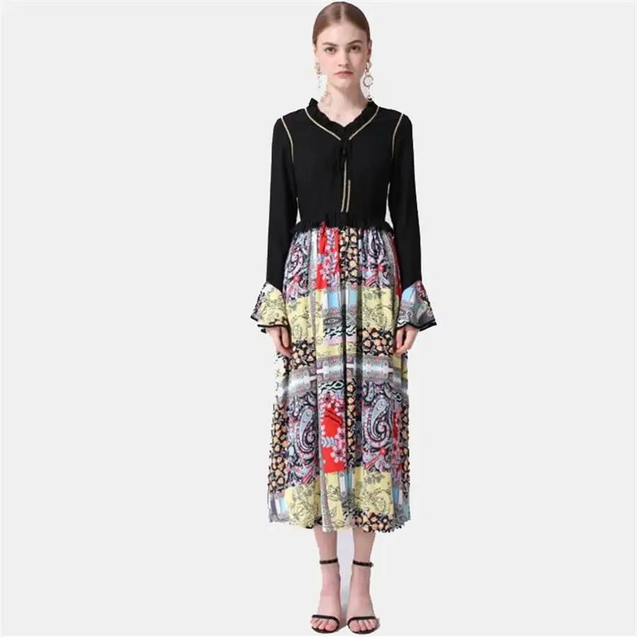 

Women Runway Dress High Quality Summer Printed Patchwork Ruffled Neck Long Sleeve Casual Dresses Elegant Dress NP0412L