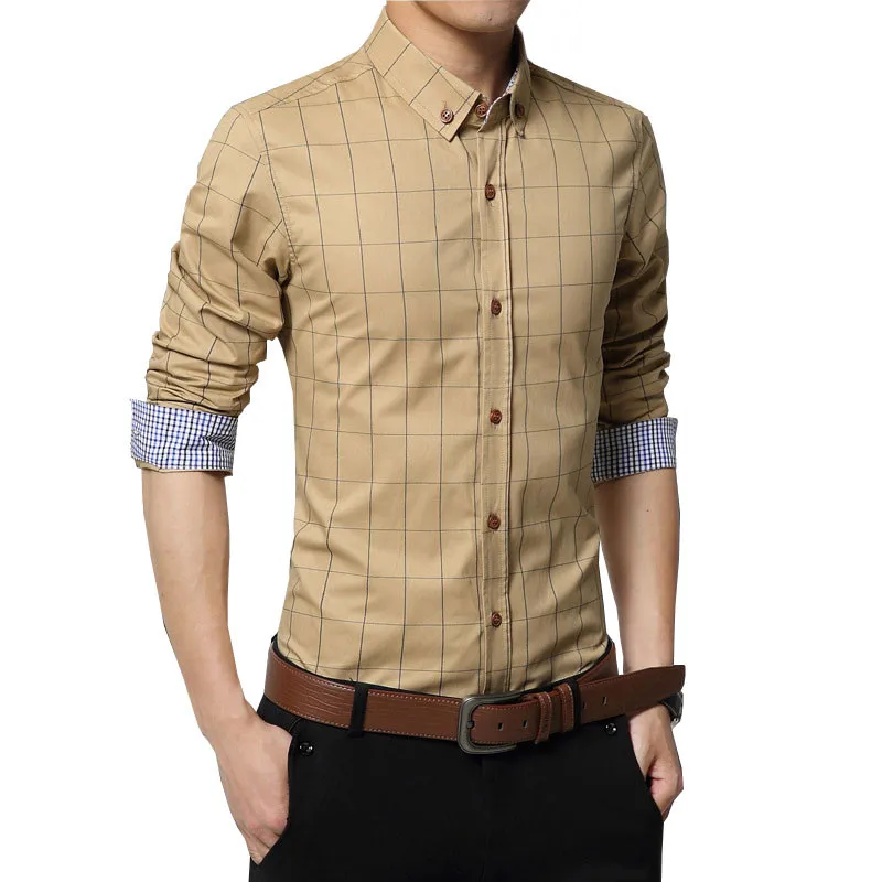Мужская хлопковая рубашка в шотландскую клетку с длинным рукавом|camisa for men|cotton dress