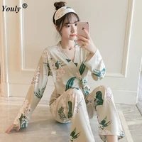 two 2 pieces printed women pajamas sets 2021 spring sleepwear long sleeve trousers pants flower sexy cute nightwear pyjama suit