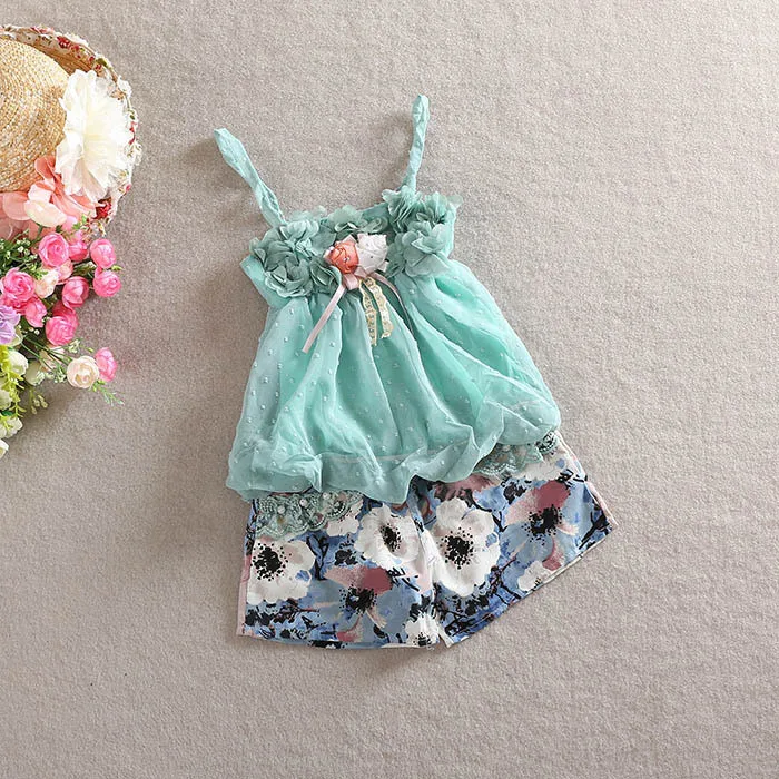 Summer Girl Clothing Sets Children's Flower Sling Vest+ Shorts 2 Pieces Suits Petal Chiffon Print Floral Pants Clothes