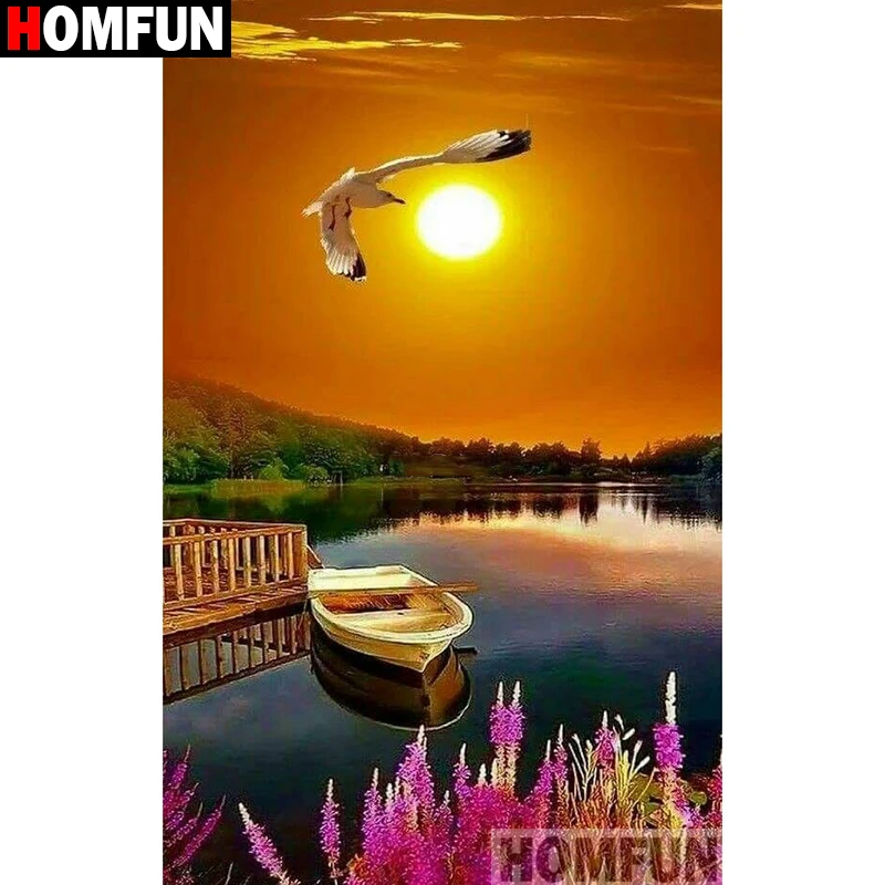 Алмазная 5D картина HOMFUN корабль и закат вышивка крестиком из квадратных/круглых