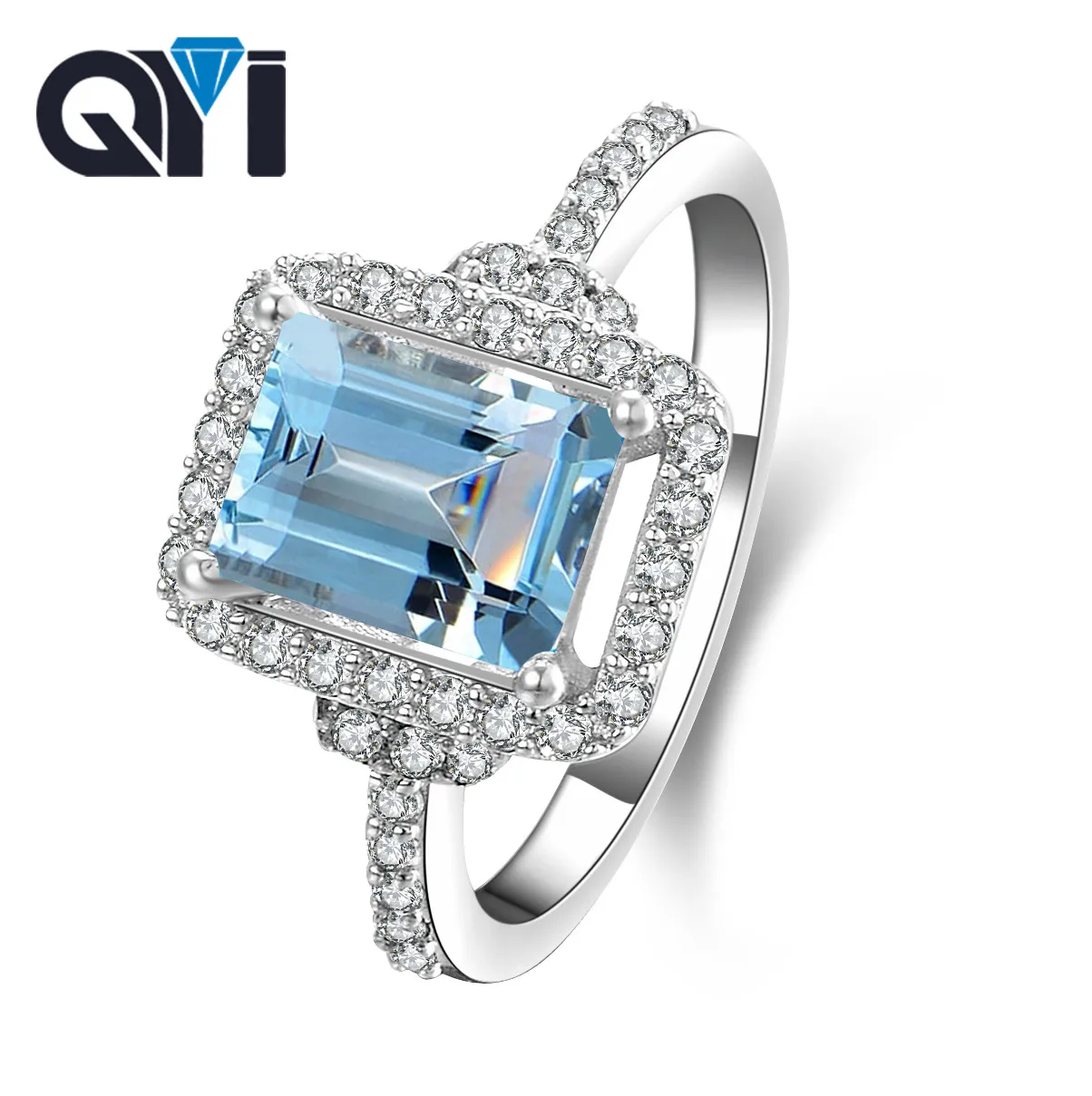 

QYI Genuine 925 Sterling Silver Natural Topaz Ring 1.5 ct Emerald Cut Sky Blue Natural Gemstone Rings For Woman Fine Jewelry