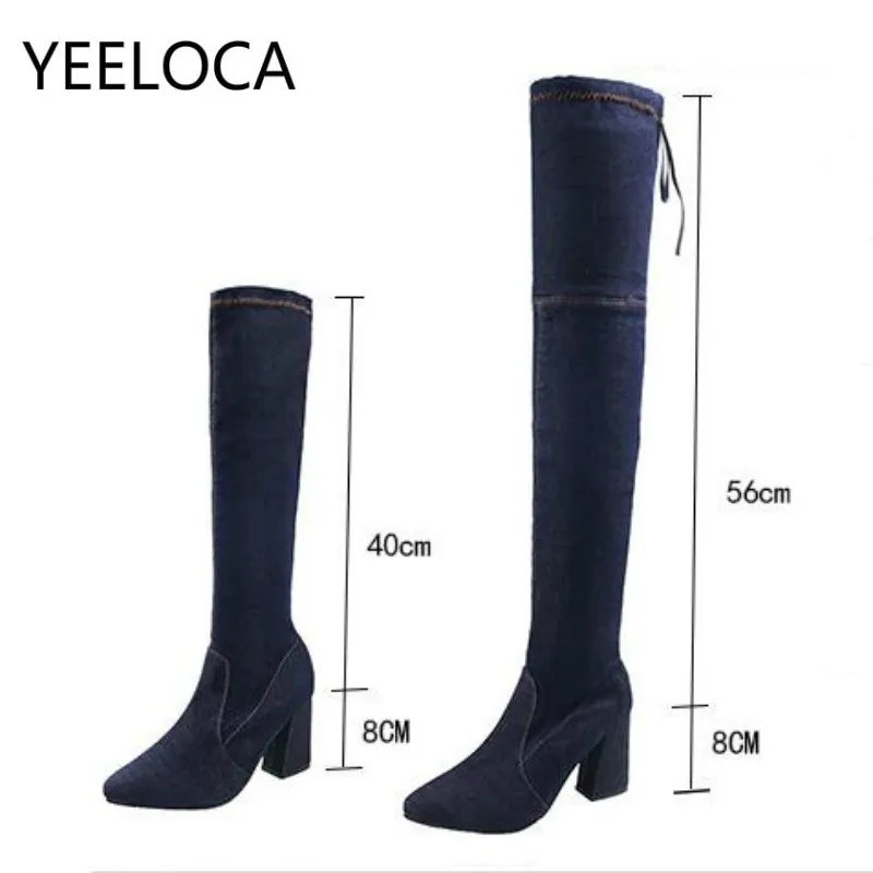 Женские джинсовые парусиновые сапоги YEELOCA Сапоги выше колена на квадратном