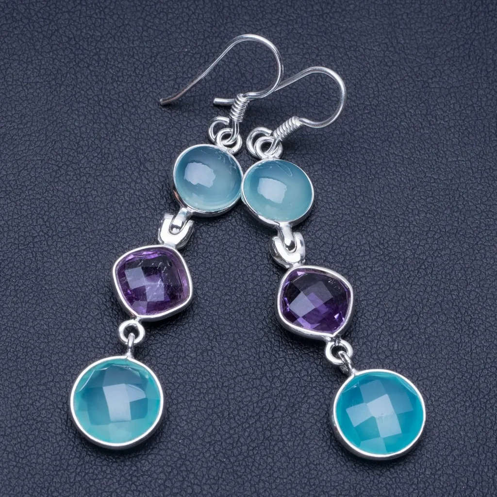 StarGems(tm) Natural Chalcedony and Amethyst 925 Sterling Silver Earrings 2 1/4&quot | Украшения и аксессуары