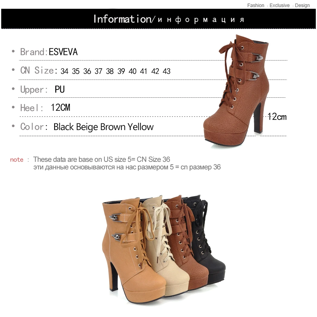 

ESVEVA 2020 Square High Heel Women Shoes Winter Ankle Boots Lace Up Motorcycle Fashion Zipper Platform Short Boots Size 34-43