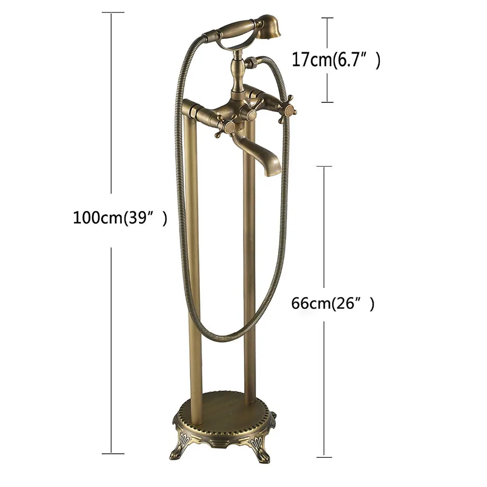 

Dual Handles Bathroom Floor Mount Bathtub Filler Freestanding Bathtub Faucet Antique Brass with Hand Shower Rotate Spout