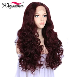Red Wine Color Красное вино, длинные волнистые парики для женщин, синтетический парик на кружеве, 24 дюйма, бесклеевое Термостойкое волокно - Цвет: Red Wine Color