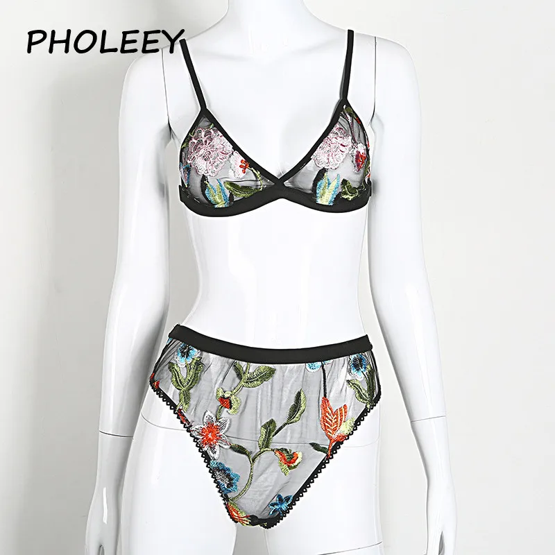 PHOLEEY Цветочный комплект с вышивкой сексуальное женское нижнее белье прозрачные