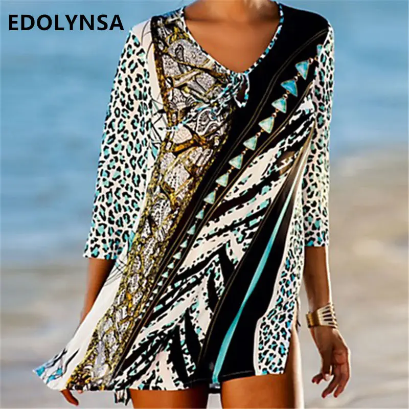 2020 платье в стиле бохо разноцветное мини с рукавом три четверти и завязкой на шее