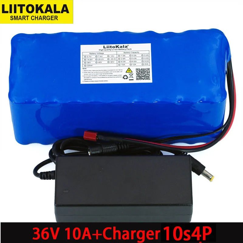 Liitokala 36V 10000mAh 500W High Capacity 18650 Lithium Battery Motorcycle Electric Car Bicycle Scooter with BMS+ 2A Charger