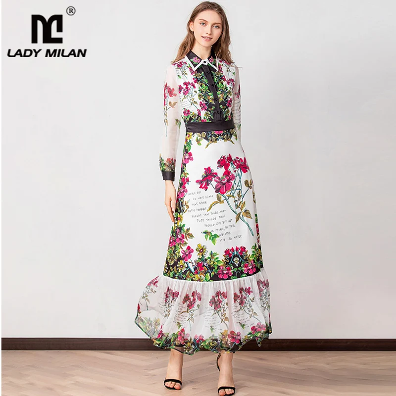 Women's Runway Dresses Turn Down Collar Long Sleeves Printed Beaded Floral Elegant Casual Designer | Женская одежда