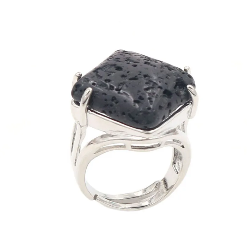 

YJXP Silver Plated Rhombus Shape Black Lava Stone Adjustable Finger Ring Engagement Jewelry