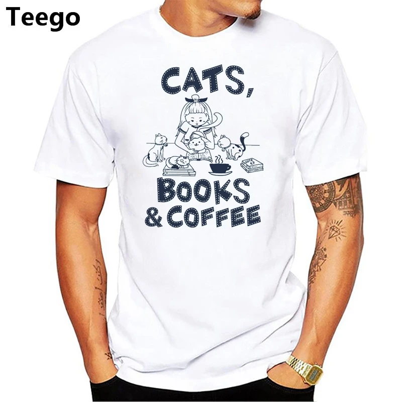 Кошки книги кофе Футболка мужская мода с коротким рукавом повседневная Топы