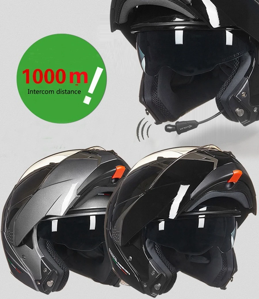 1 шт двойной объектив флип до 1000 м V6 Bluetooth шлем домофон гарнитура интерфон радио гоночный мотоциклетный шлем