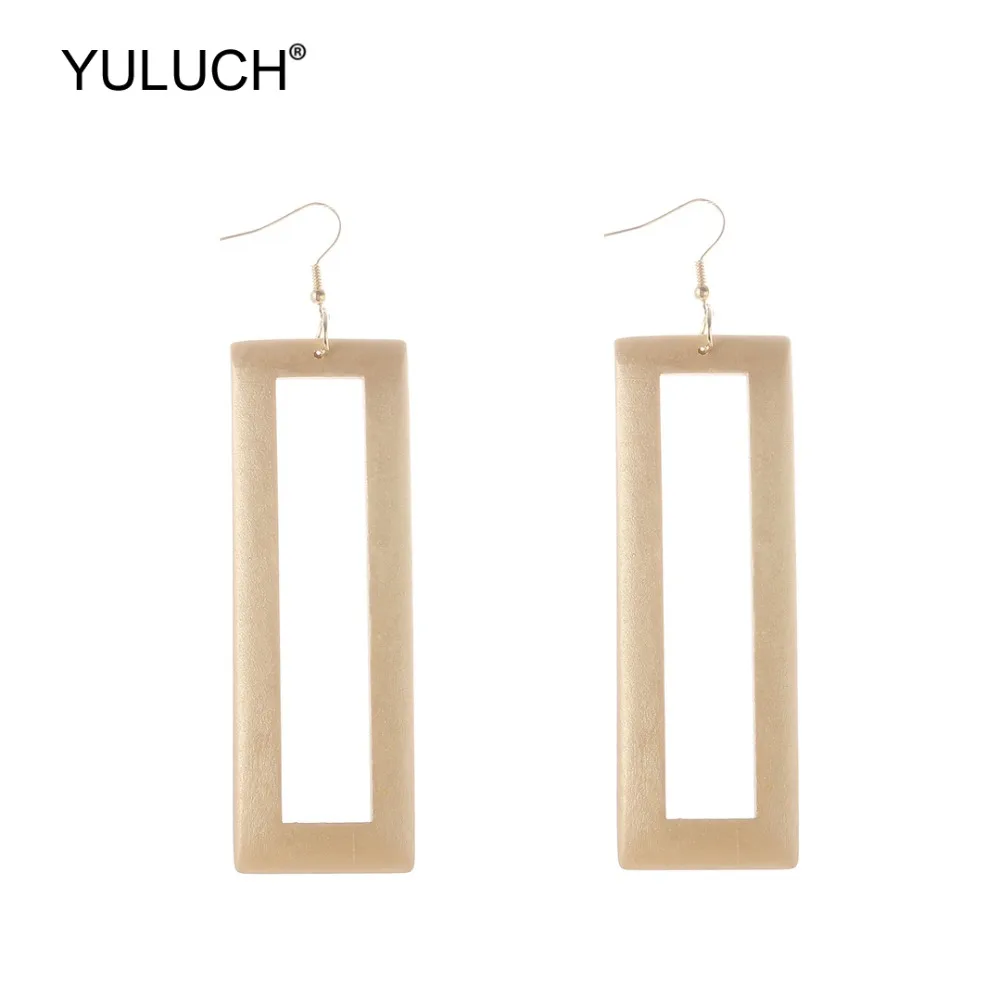 

Длинные Модные прямоугольные Подвесные серьги YULUCH, большие полые деревянные золотые Висячие серьги для женщин и девушек, ювелирные изделия...