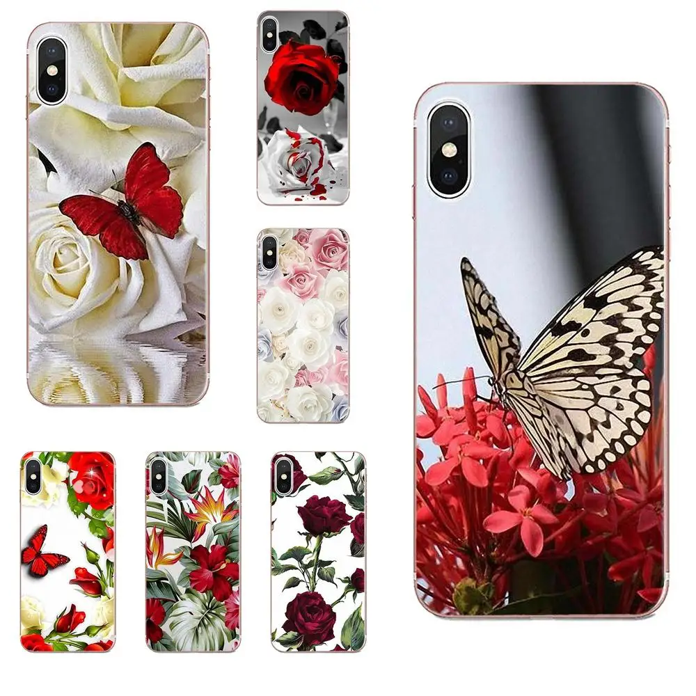 Красная бабочка на белых розах цветок для Apple iPhone X XS Max XR 4 4S 5 5C 5S SE 6 6S 7 8 Plus брокколи