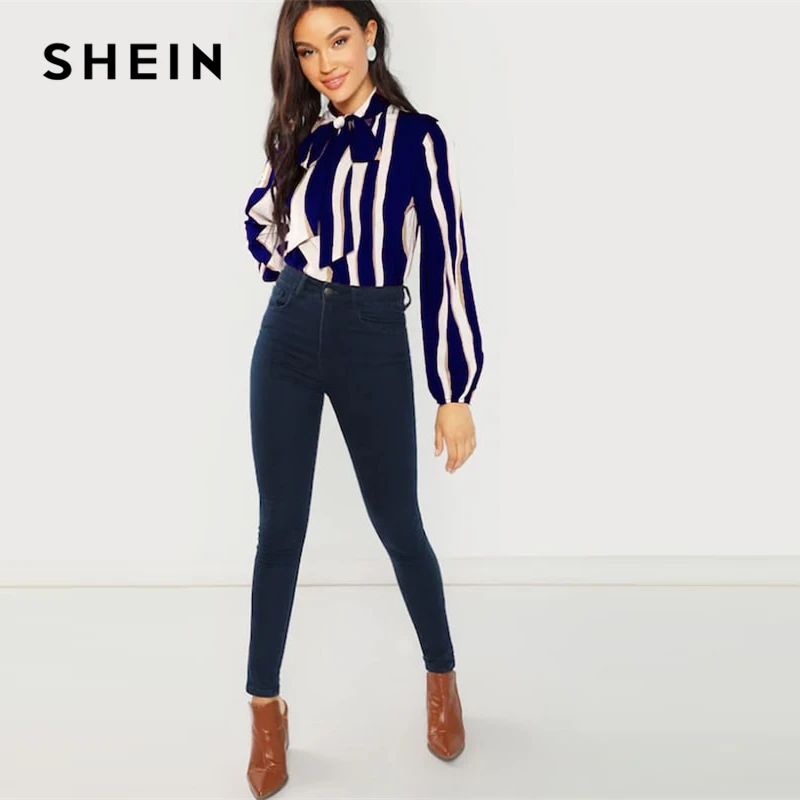 SHEIN Полосатая Блузка С Бантом Элегантная Офисная Блузка В Полоску С Длинным Рукавом