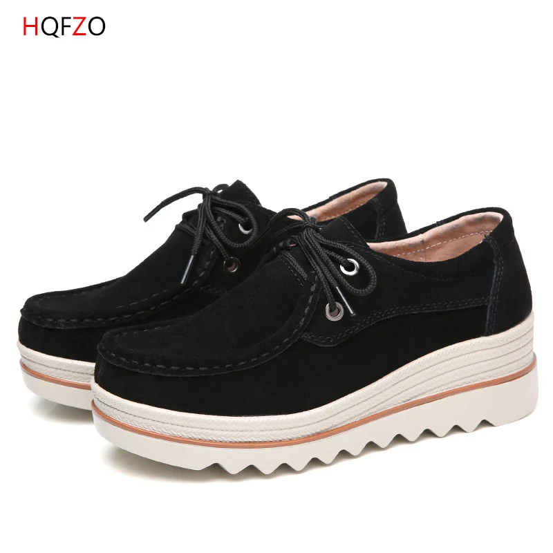 black lace up HQFZO/Pantshoes; обувь из натуральной кожи на каблуке 5 см; женские кроссовки на платформе; женская обувь; дышащая повседневная женская обувь на плоской подошве - Цвет: black lace up